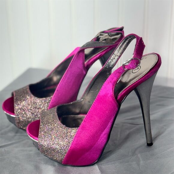Hot Pink Glitter Deb Slingback Heels 7 – Y2K Clubwear Glam Platform Stilettos - Picture 2 of 10